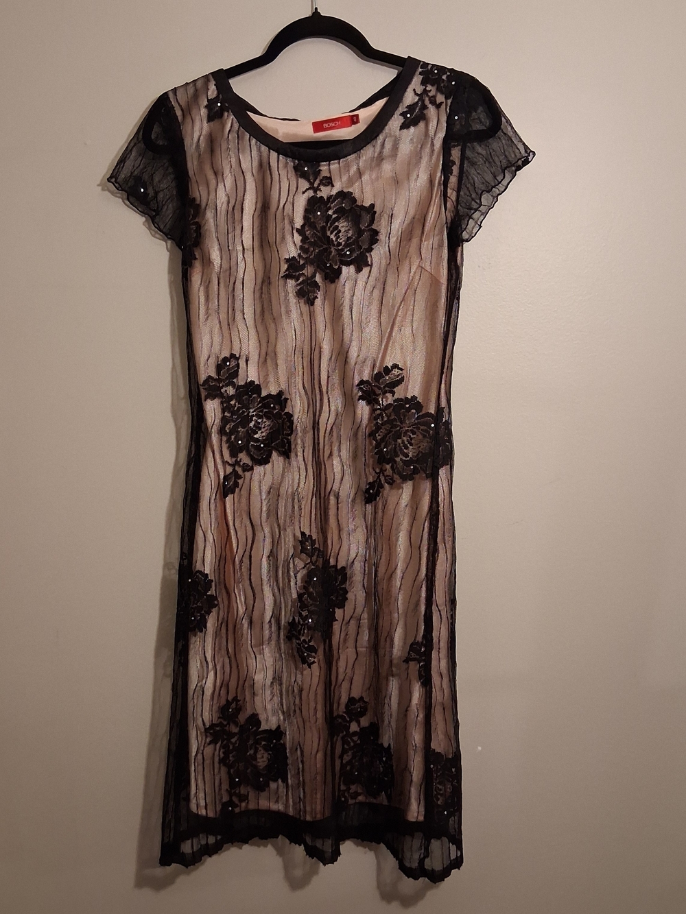 Vintage Sheer Black Overlay Floral Dress with Blush Lining